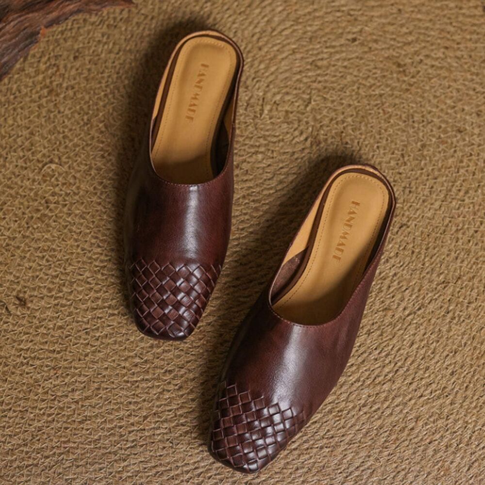 NEW Handmade VIOLA GENUINE LEATHER Braided Open Back MULES Brown US 7.5